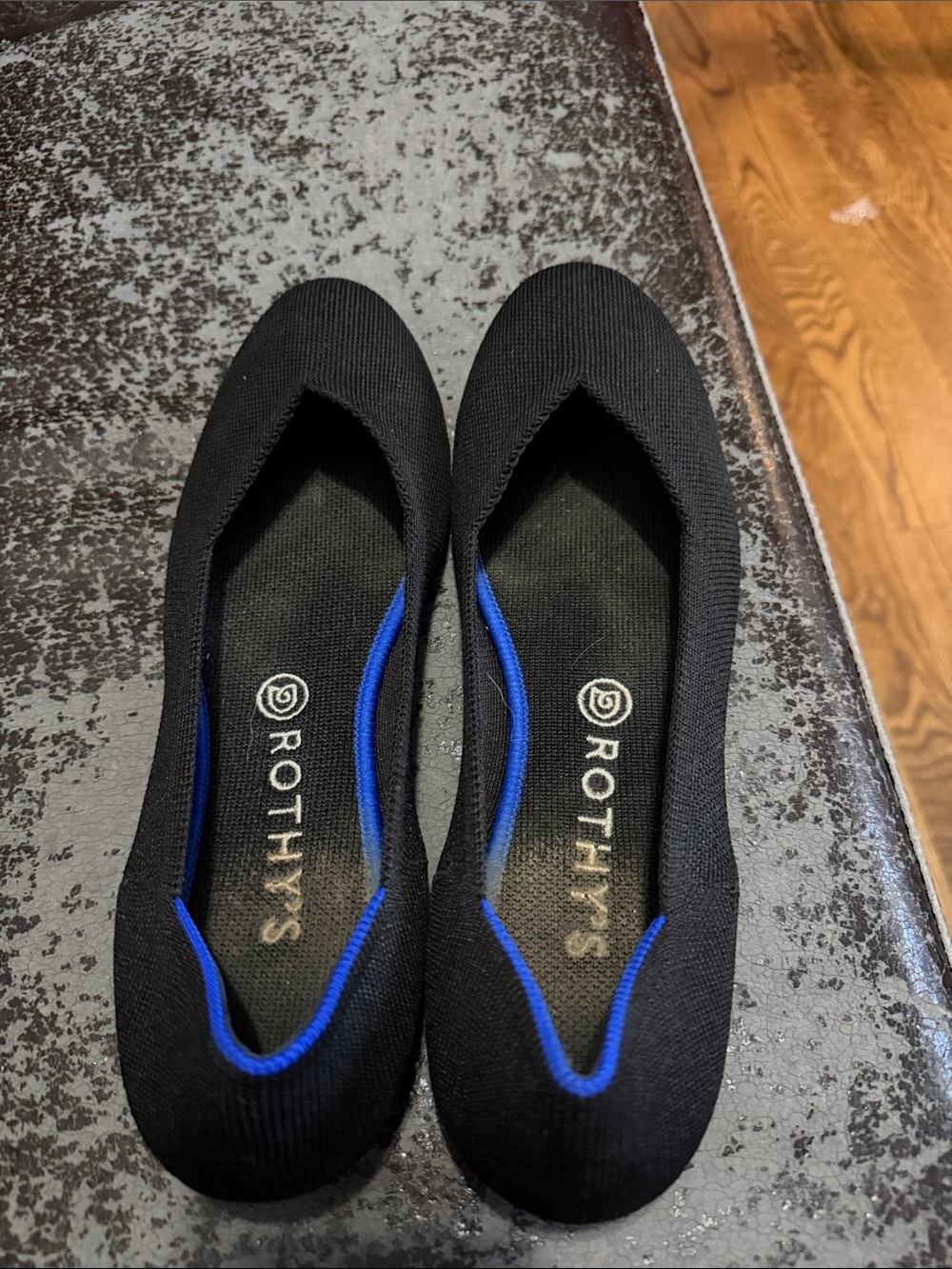 Rothy's Black Ballet Flats with Blue Trim